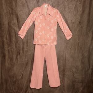 Gregg's Girl Vintage 70s Pastel Floral Pant Suit Metallic Foliage Dagger Collar